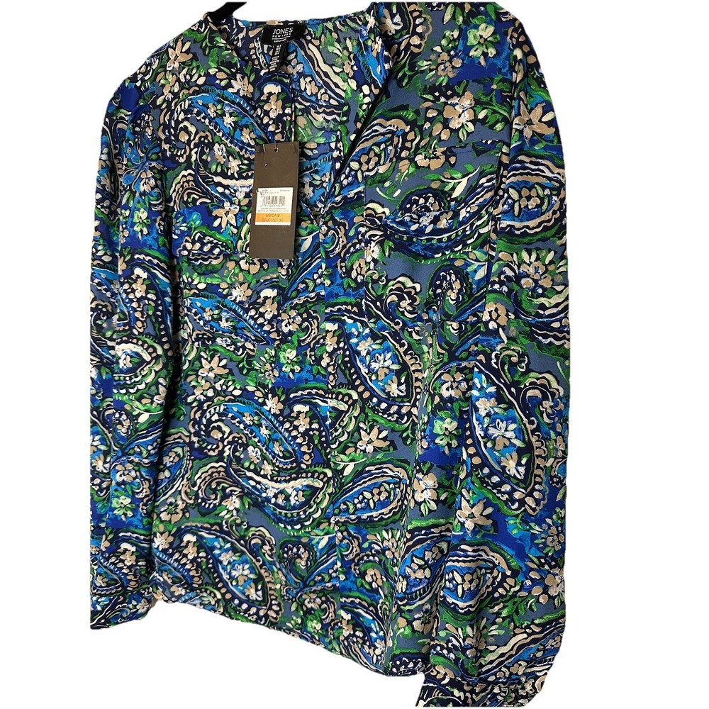NEW Jones New York Women's Blue Green Paisley Print V-Neck Long Sleeve Top Sz S
